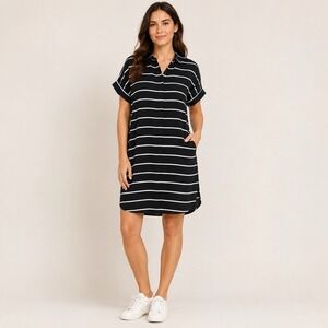 Madewell Women's Stripe Shirt Dress L Brown White Viscose Relaxed Button Front